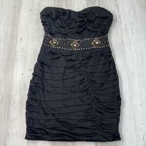 Nikibiki Black Strapless Ruched Gold Rhinestone Bling Bodycon Mini Dress Size M